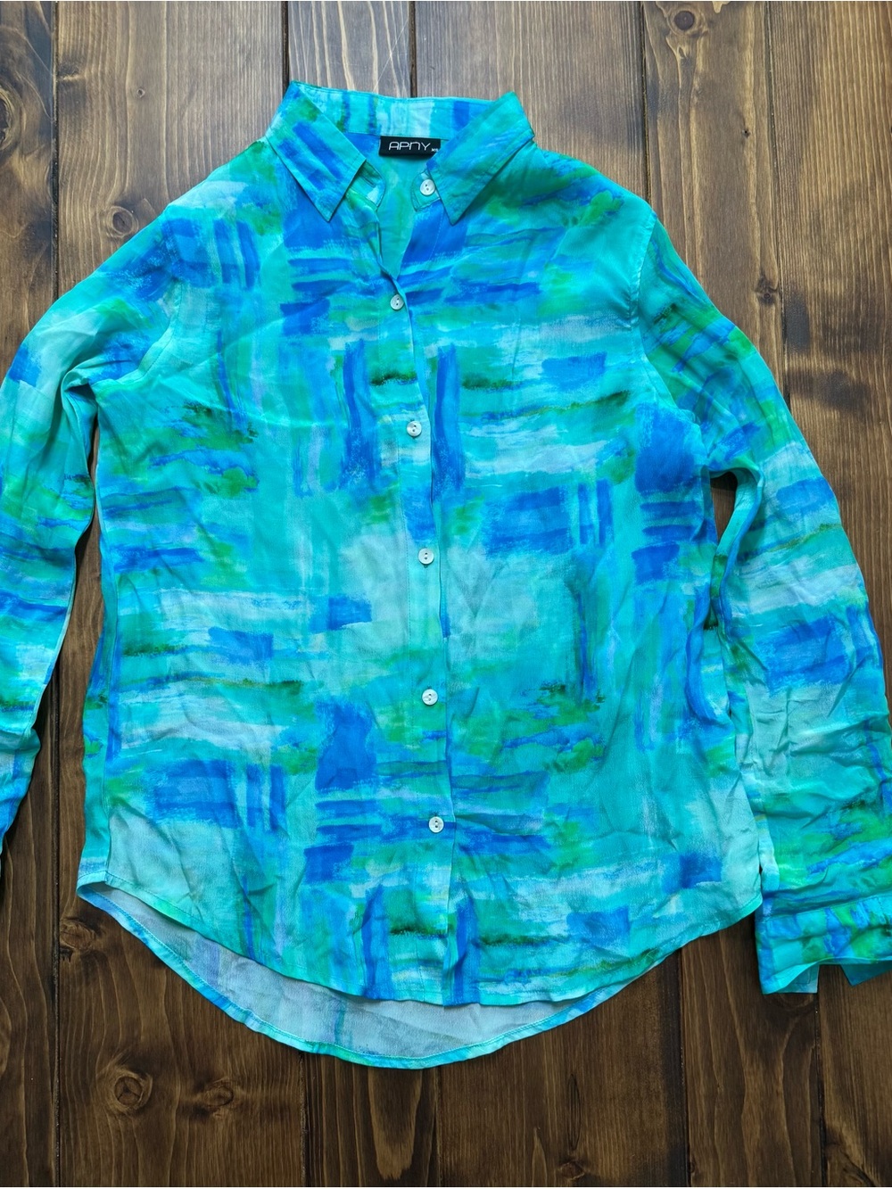 APNY Teal & Blue Watercolor Button-Up Shirt